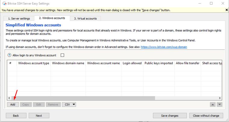 a picture of the bitvise easy settings windows accounts tab open